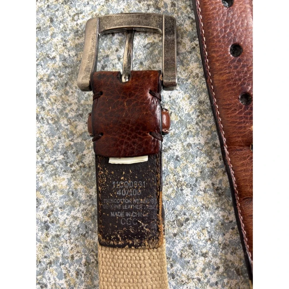 Columbia Belt Mens 40 Brown Leather Tan Cotton Webbing Casual Outdoor 11CO0331